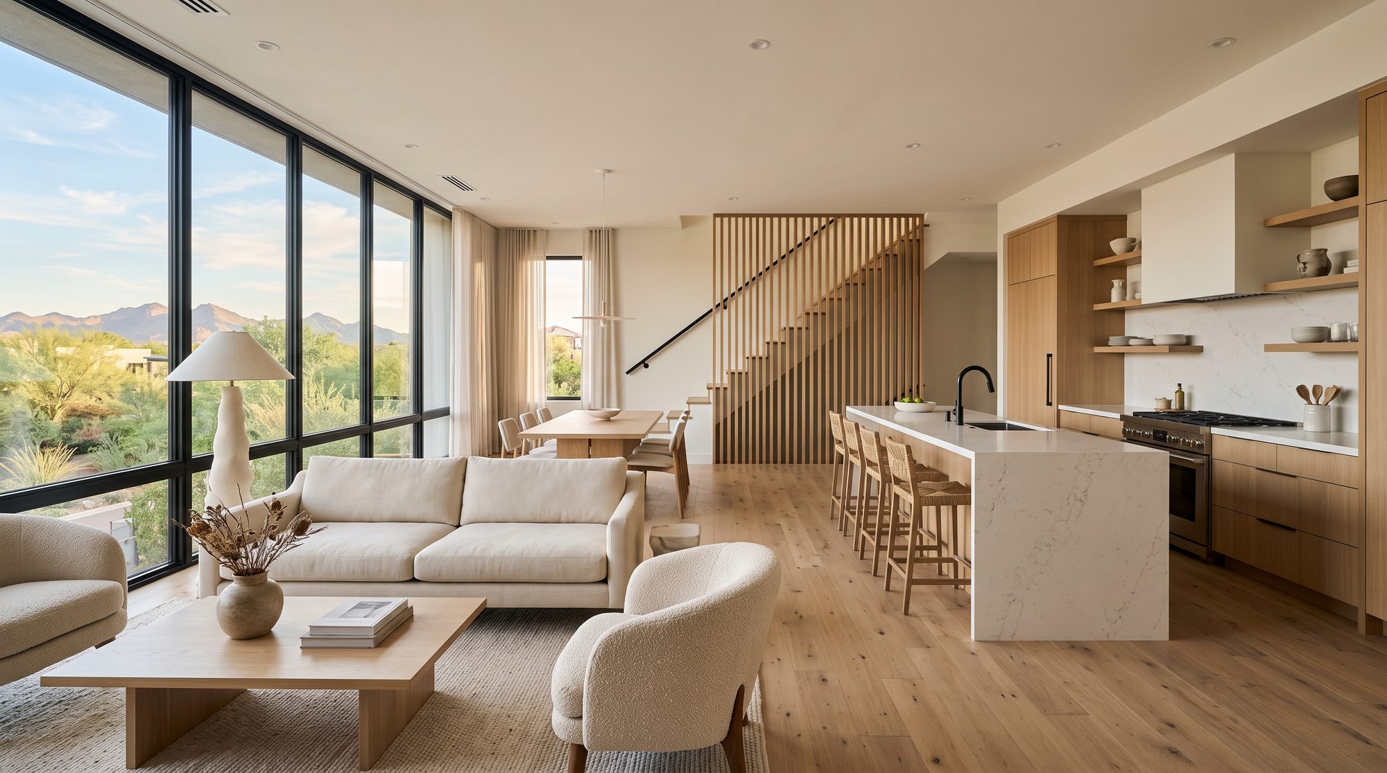Rendering of the open-concept second-floor living, dining, and kitchen space