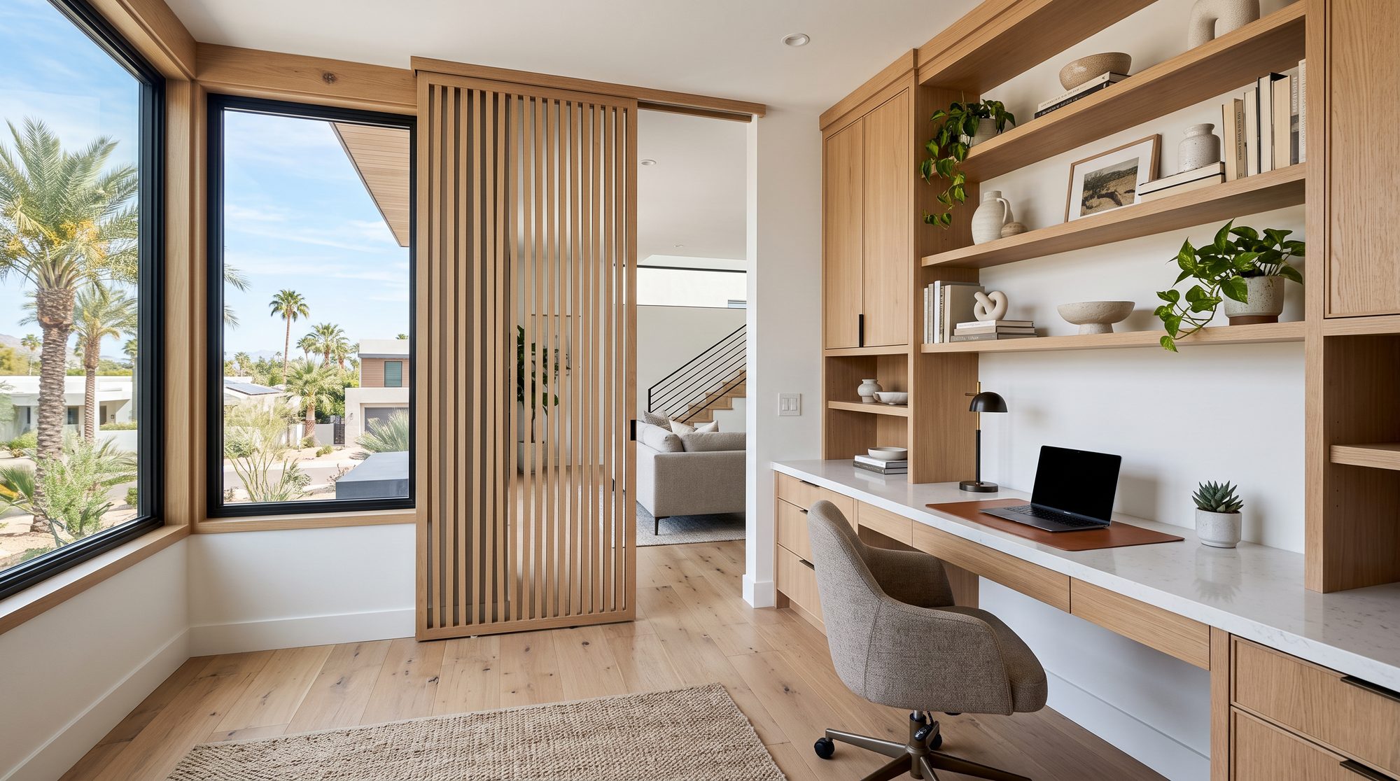 Rendering of the dedicated home office with built-in white oak desk and shelving