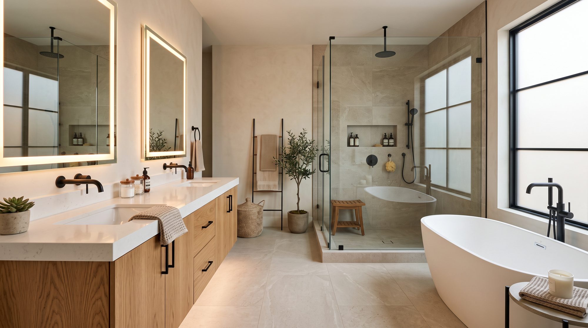 Rendering of the spa-like primary bathroom with freestanding tub and glass shower