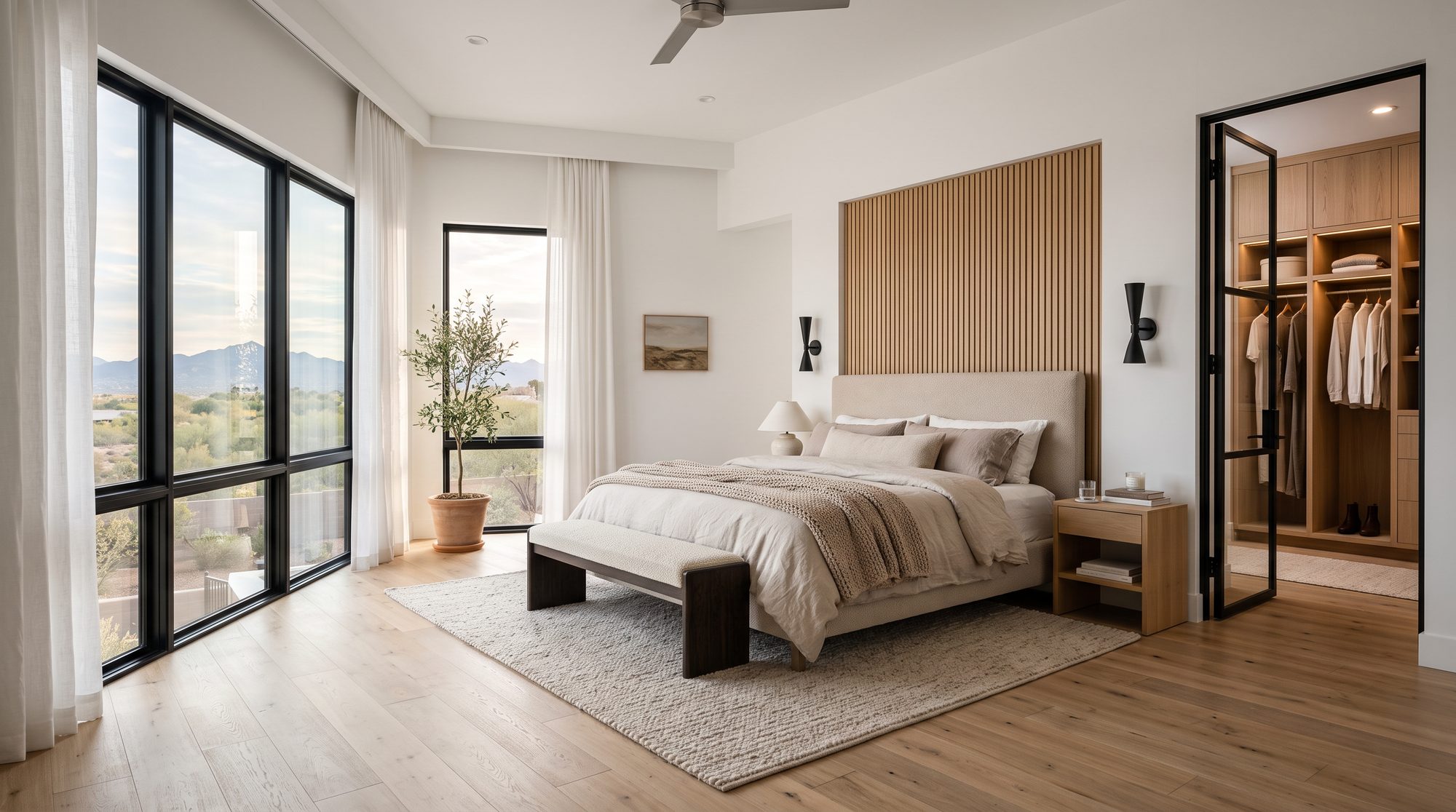 Rendering of the primary bedroom suite with walk-in closet beyond