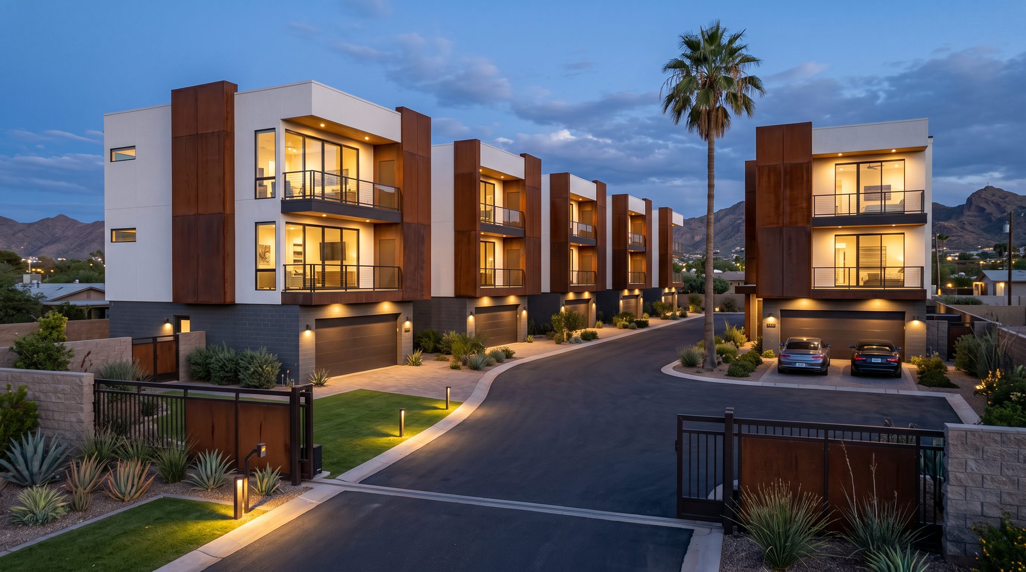 Rendering of the private gated drive with two-car garages at each residence