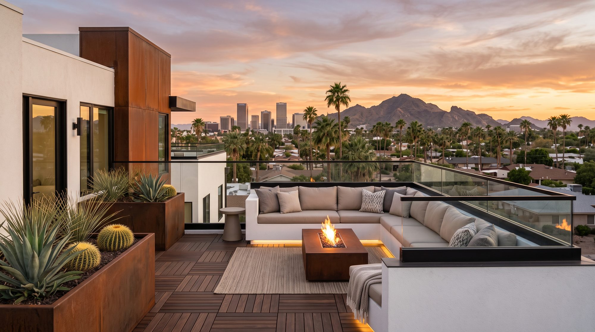 Rendering of a private furnished roof deck at sunset overlooking Phoenix