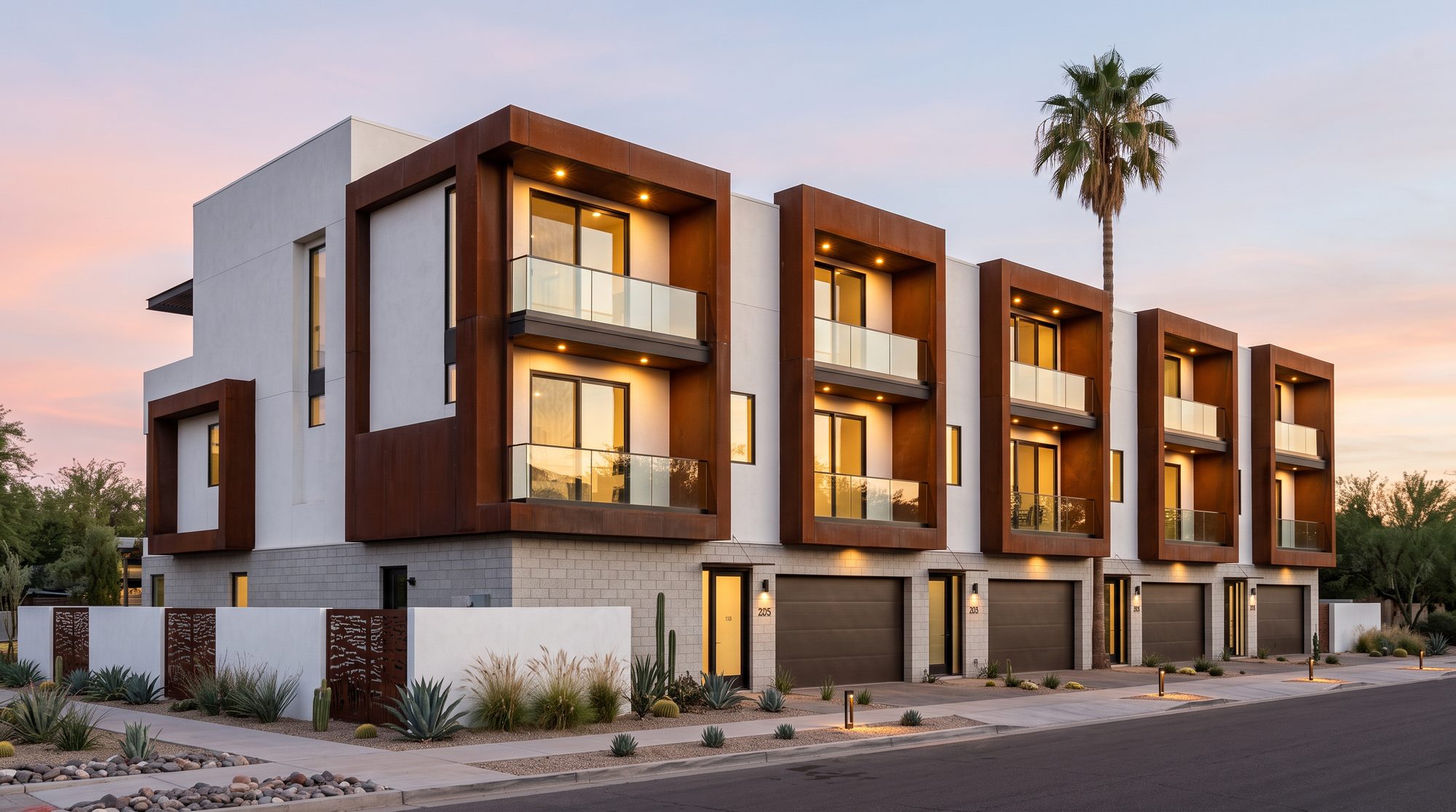 Dusk rendering of The Whitton, a row of five modern white and corten-clad townhomes in Phoenix
